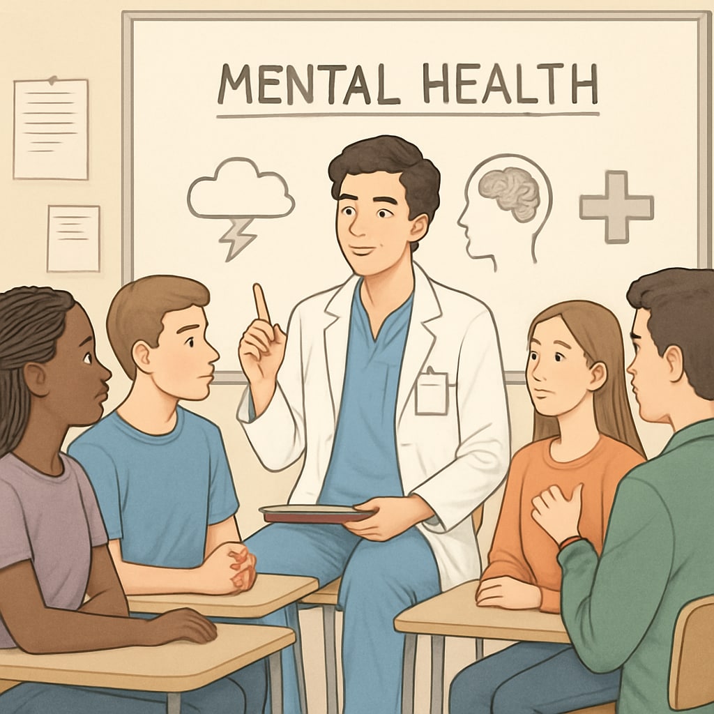 Medical student leading a mental health workshop with high school students