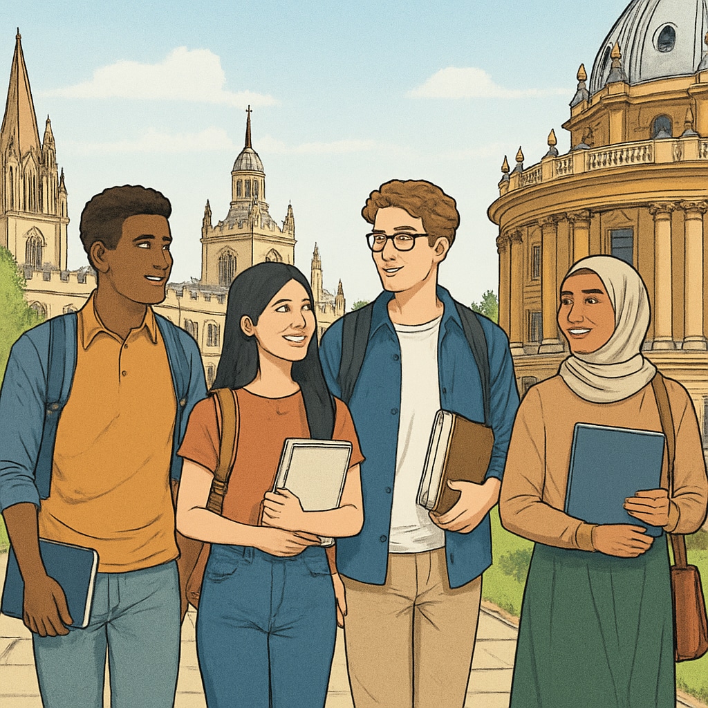 A group of students walking through Oxford University's campus, symbolizing diversity in higher education. Students at Oxford University representing diversity in education.