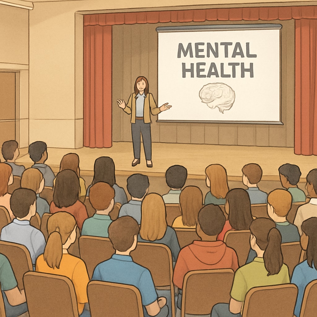 High school students watching a mental health presentation in an auditorium