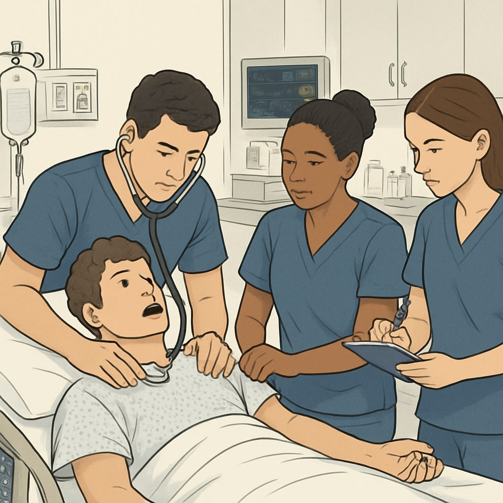 Nursing students working together in a clinical simulation lab, representing collaboration and hands-on learning in accredited programs. Nursing students in a clinical simulation lab, collaborating during training.