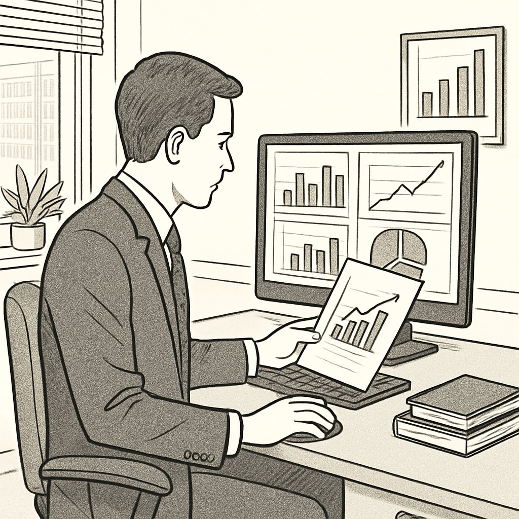 A professional analyzing financial data on a computer in a corporate office setting. Business analytics and finance professional analyzing data.