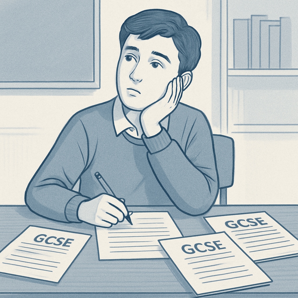 A student sitting at a desk with GCSE papers, looking thoughtful and reflective. A student reflecting on their GCSE results and future career paths.