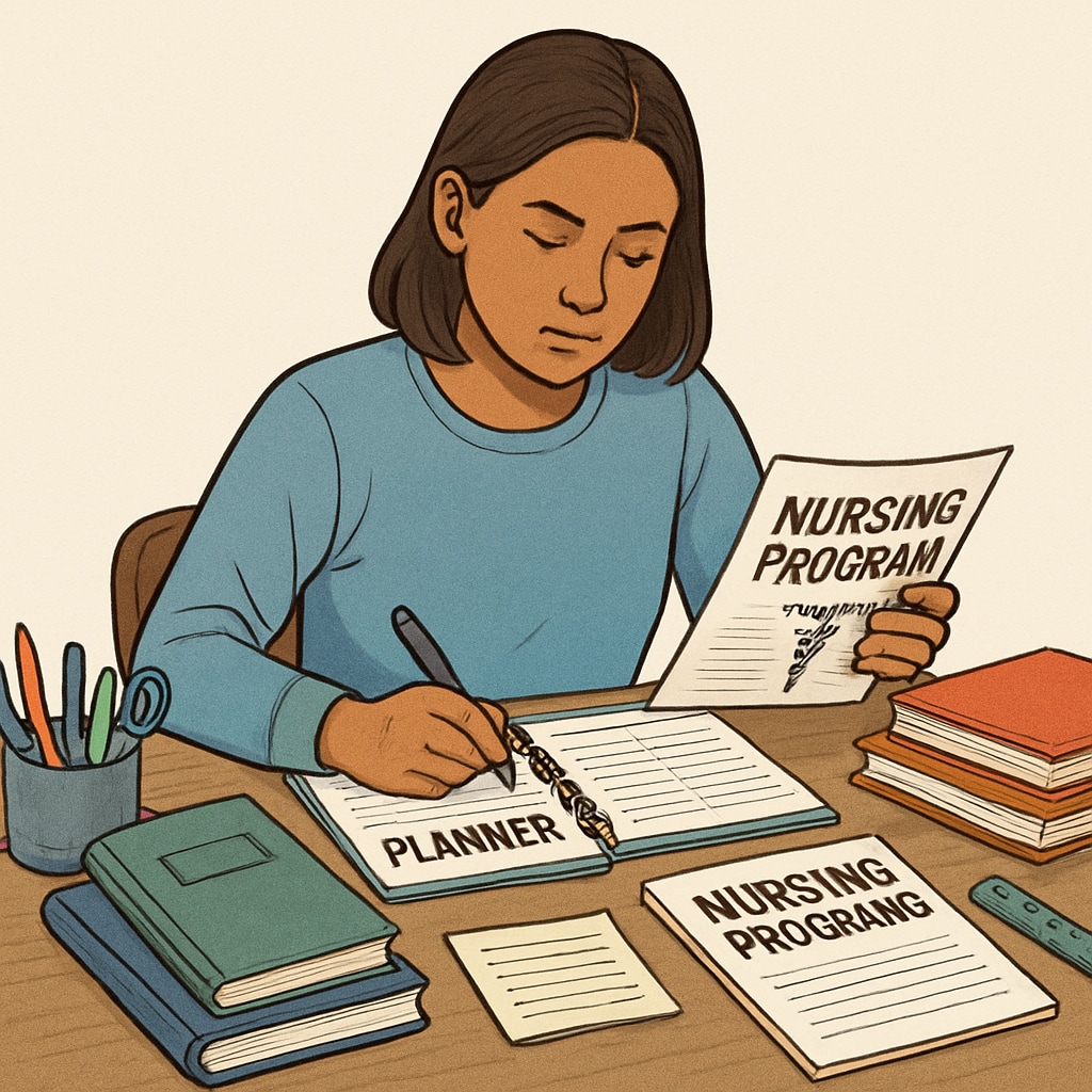 A transfer student reviewing a planner and nursing program brochures, emphasizing organization and research in the application process. A student planning their transfer to a nursing program using a planner and program brochures.