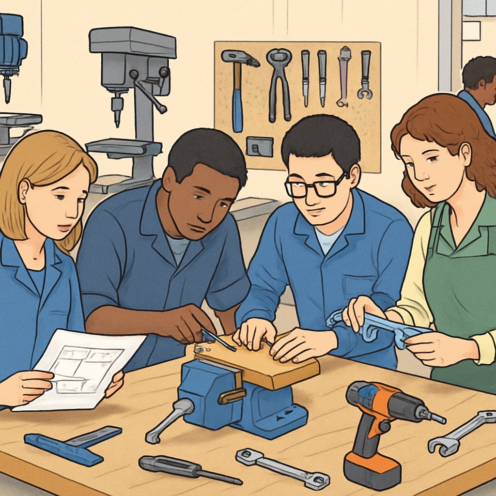 A group of students collaborating on a practical project in a vocational workshop setting. Students engaged in hands-on learning through vocational training, an alternative to GCSE-focused education.