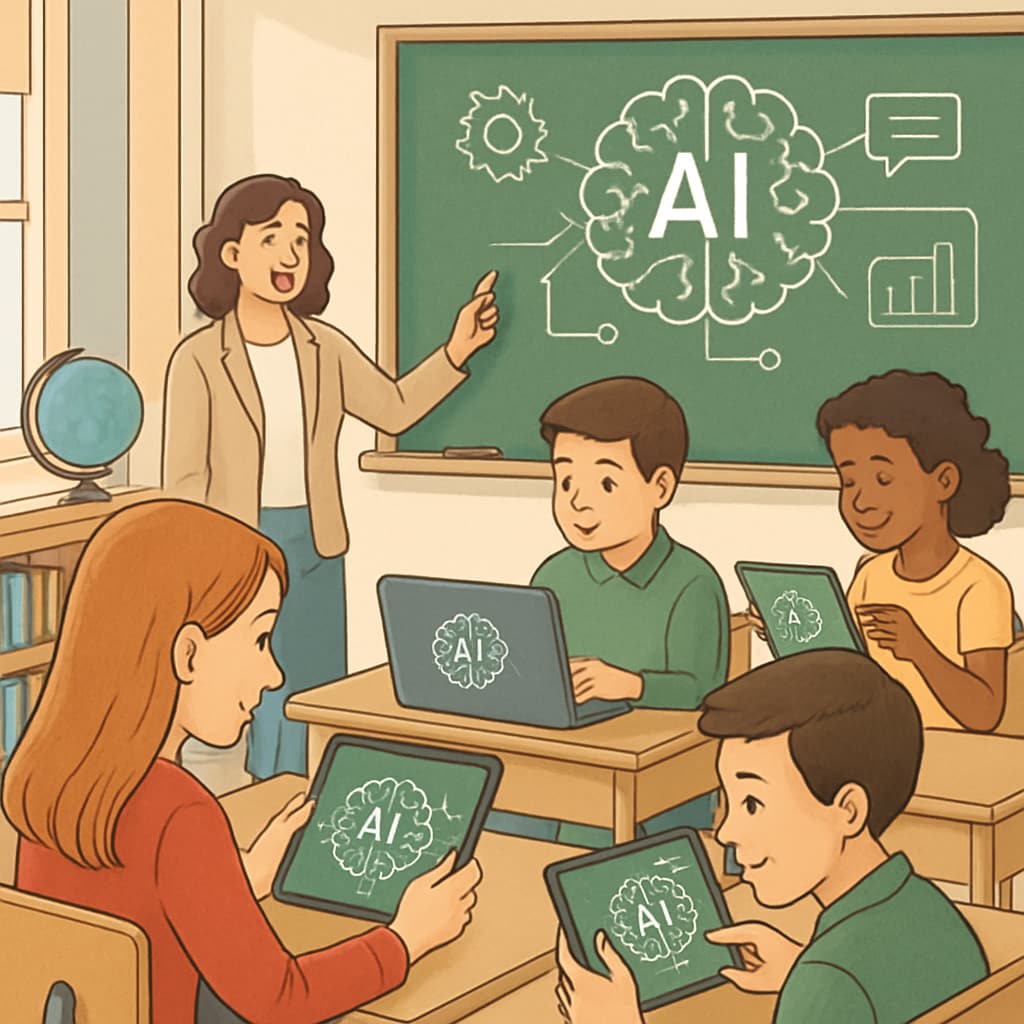 A classroom setting where students are engaging with AI-powered learning tools, symbolizing the integration of technology in education. Students using AI tools in a classroom highlighting the future of education.