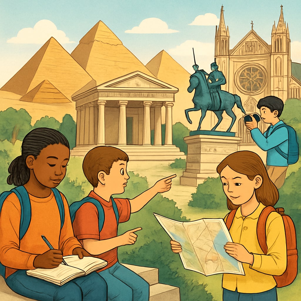 A short video montage of K12 students exploring historical landmarks and cultural sites, connected to educational travel themes. Short videos showcasing K12 students in study travel programs