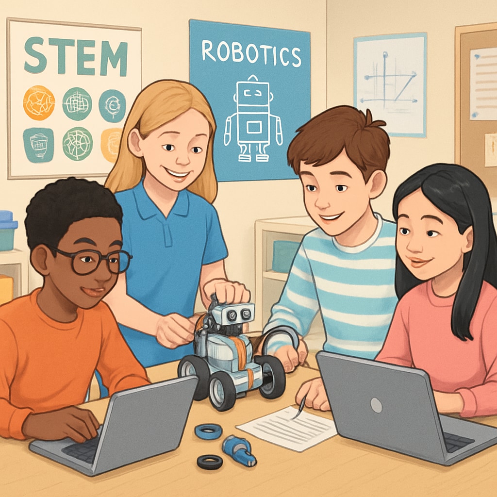 A group of diverse students collaborating on a robotics or coding project, illustrating the importance of STEM and teamwork in K12 education. Students working on a robotics project emphasizing STEM education.