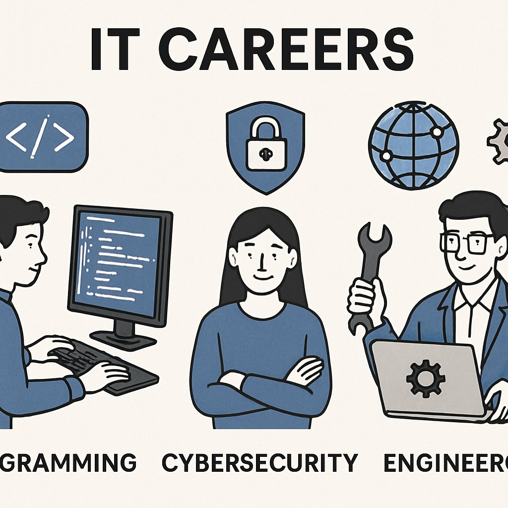 A visual representation of various IT career paths, including programming, cybersecurity, and engineering. IT career paths graphic showing programming, cybersecurity, and engineering options.
