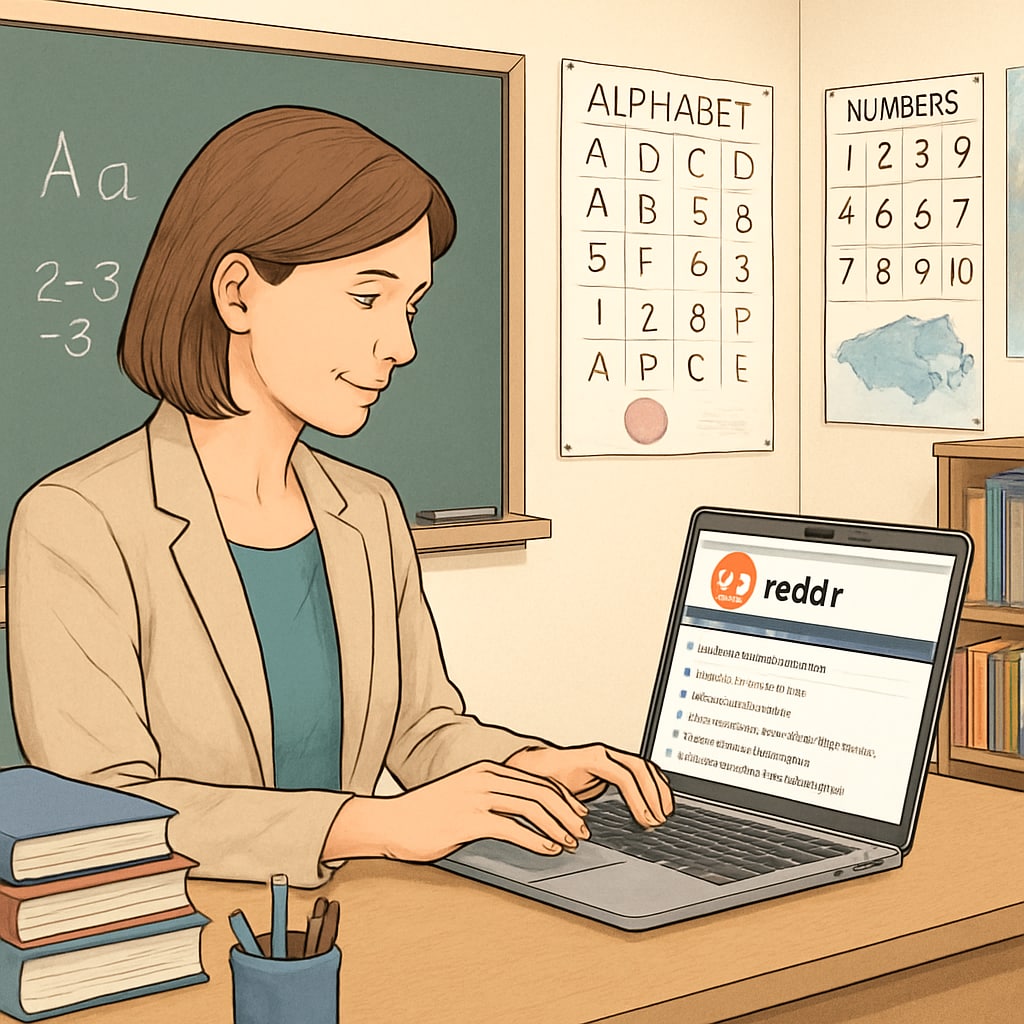 A teacher browsing Reddit education subreddits on a laptop in a classroom setting. Teacher exploring Reddit education subreddits to enhance classroom strategies.