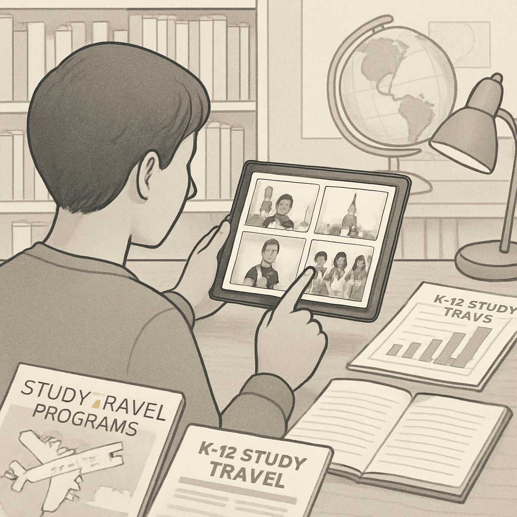 A parent watching short videos of K12 study travel programs on a tablet, with decision-making materials displayed around them. Parents using short videos to decide on K12 study travel programs