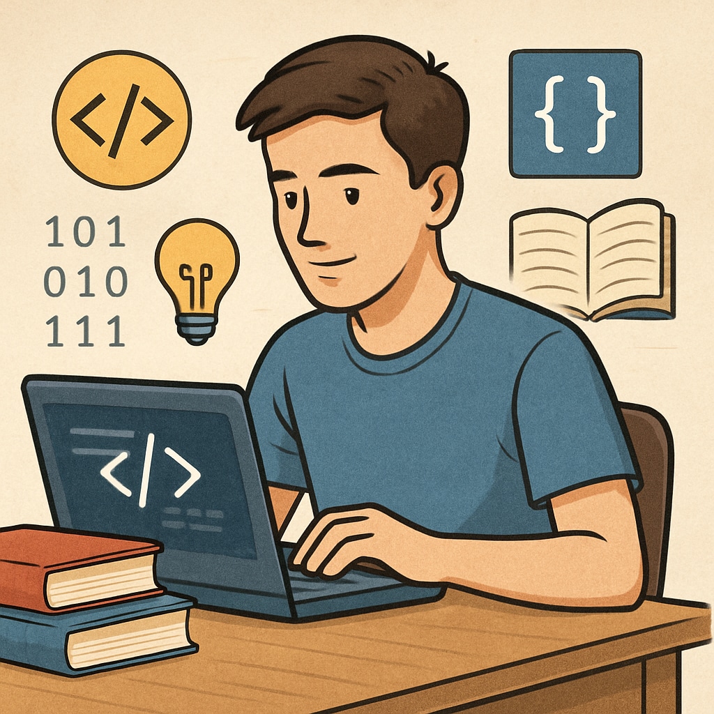 A student coding on a laptop, symbolizing programming as a career choice. Image of a university student coding on a laptop, representing IT career exploration.