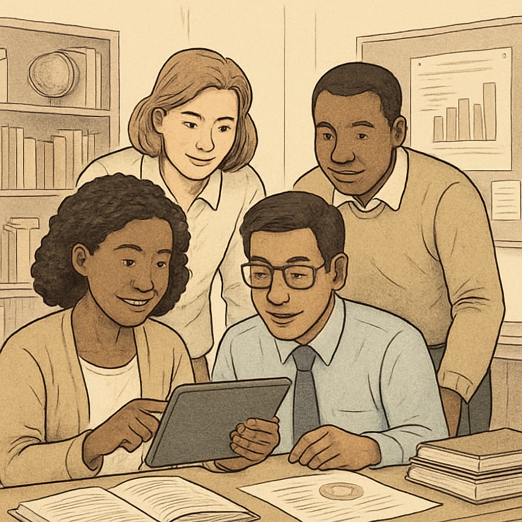 A group of educators sharing resources on Reddit using a tablet during a professional development session. Group of teachers discussing Reddit education resources during a meeting.
