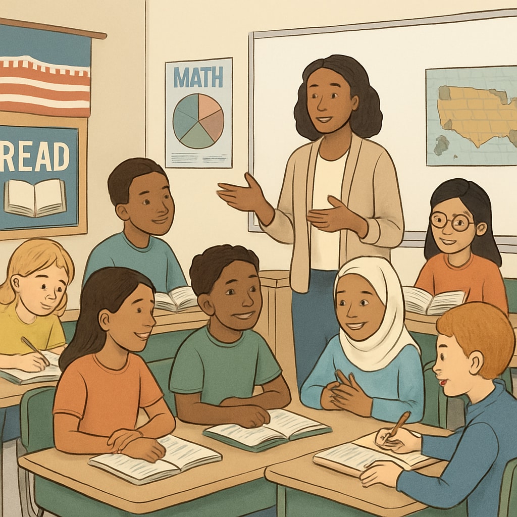 A classroom in the US with diverse students engaging in inclusive activities, symbolizing equality in education. US classroom with diverse students, reflecting equality-focused education.