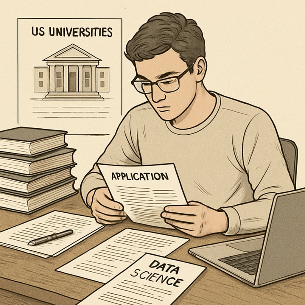 A student reviewing application documents for US universities, symbolizing preparation for Data Science programs. Student reviewing application documents for Data Science programs.