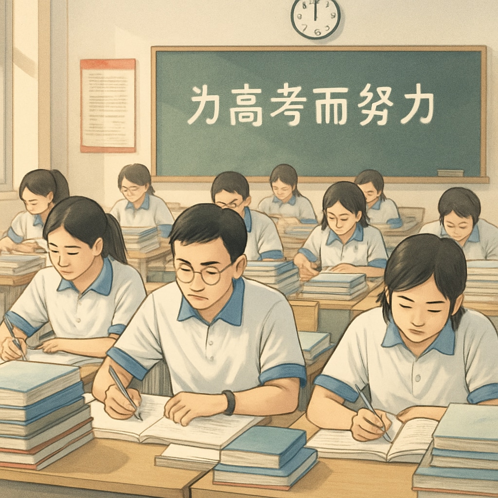 A Chinese classroom with students focused on studying for the gaokao, illustrating the emphasis on academic performance. Chinese classroom with students preparing for gaokao, representing elite education.