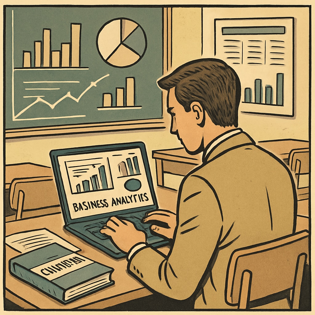 A professional analyzing data on a laptop in an educational setting, representing the application of business analytics in education management. Business analytics in education management