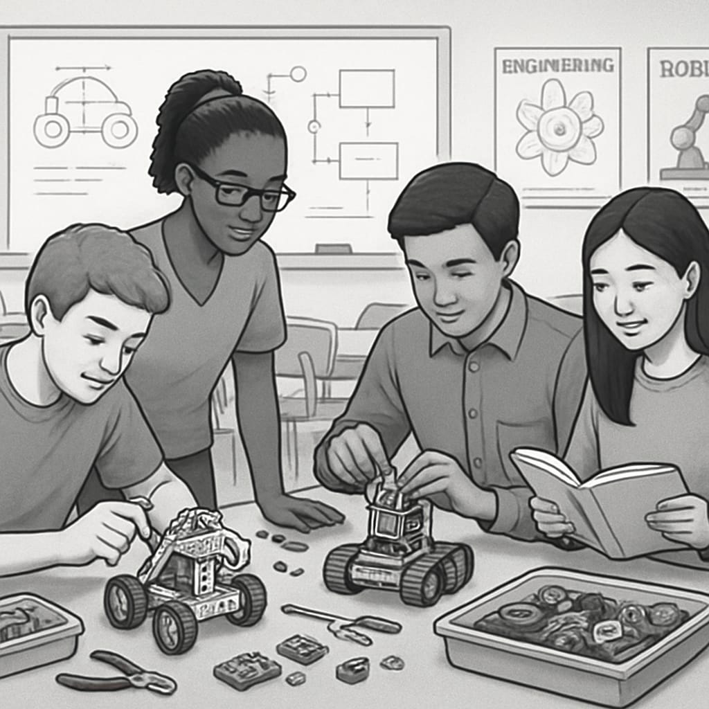 A classroom of high school students engaged in a robotics workshop as part of STEM education reform. High school students participating in STEM education activities, such as robotics.