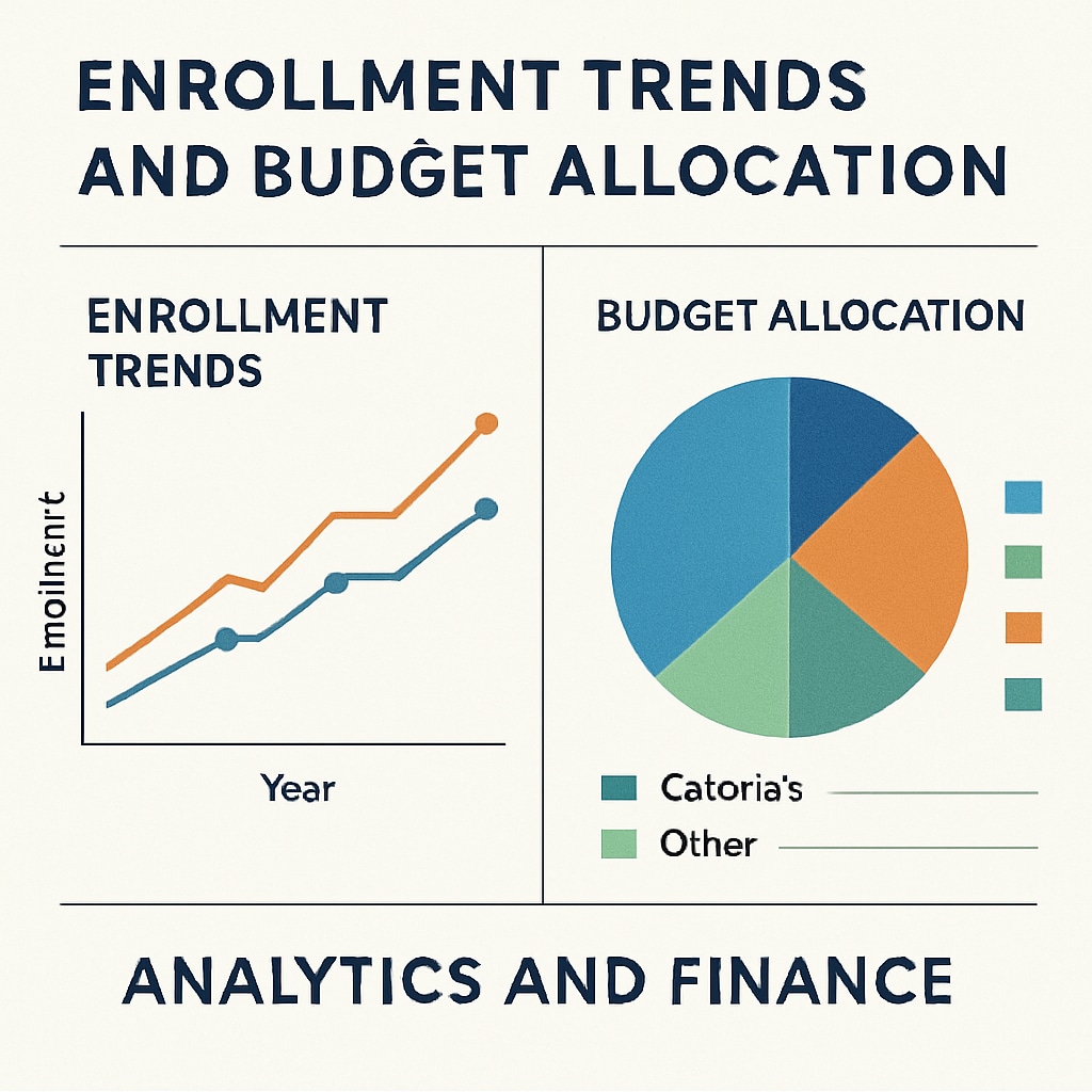 A chart showing enrollment trends and budget allocation, emphasizing the role of analytics and finance in strategic planning. Enrollment trends and budget planning chart