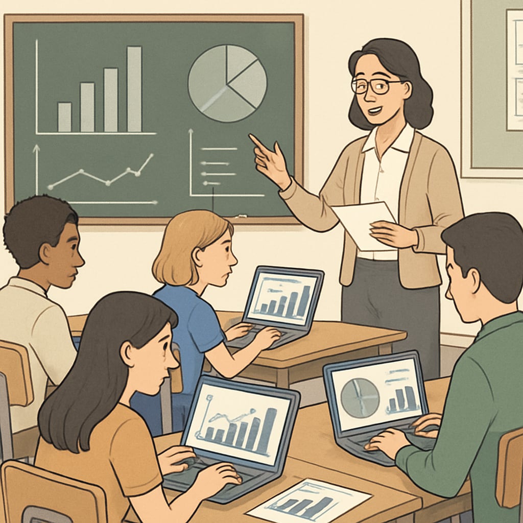 A classroom scene where students are engaged in data science projects, highlighting academic preparation. Students working on data science projects in a classroom.