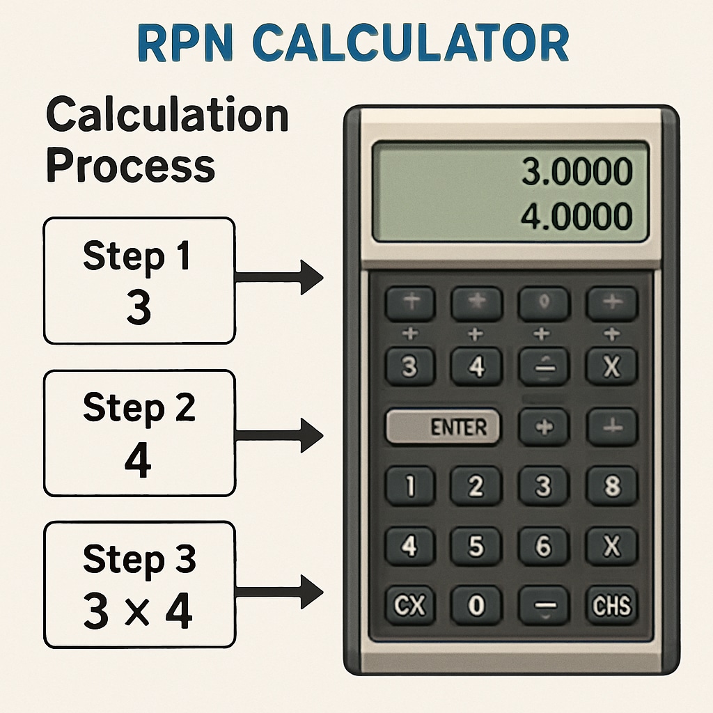 A photo or diagram of an RPN calculator displaying a calculation process, emphasizing its unique input method. RPN calculator displaying its input method for mathematical calculations.