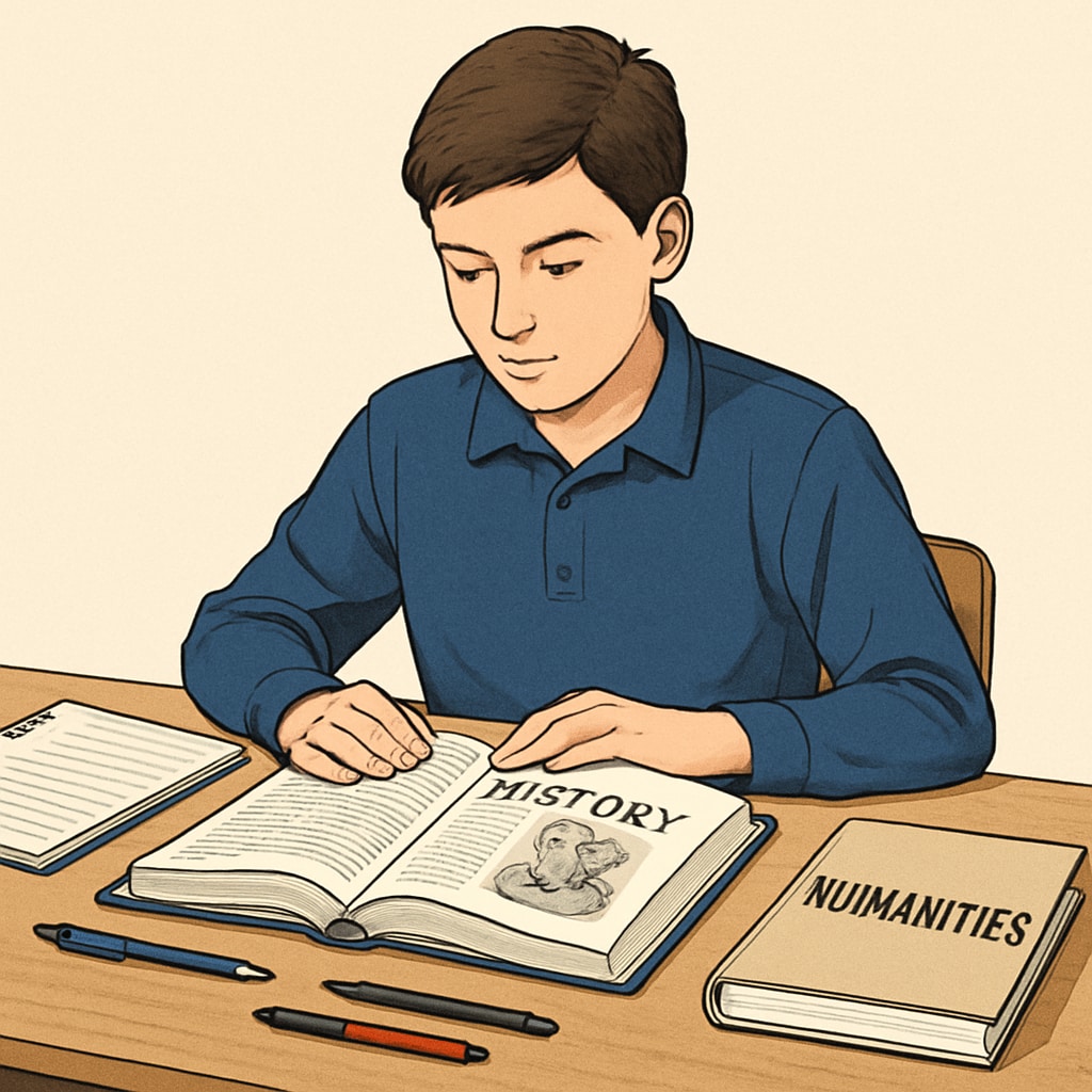 A high school student reading a history textbook, symbolizing the importance of retaining humanities in the curriculum. High school student studying humanities, highlighting the need for balance in education.