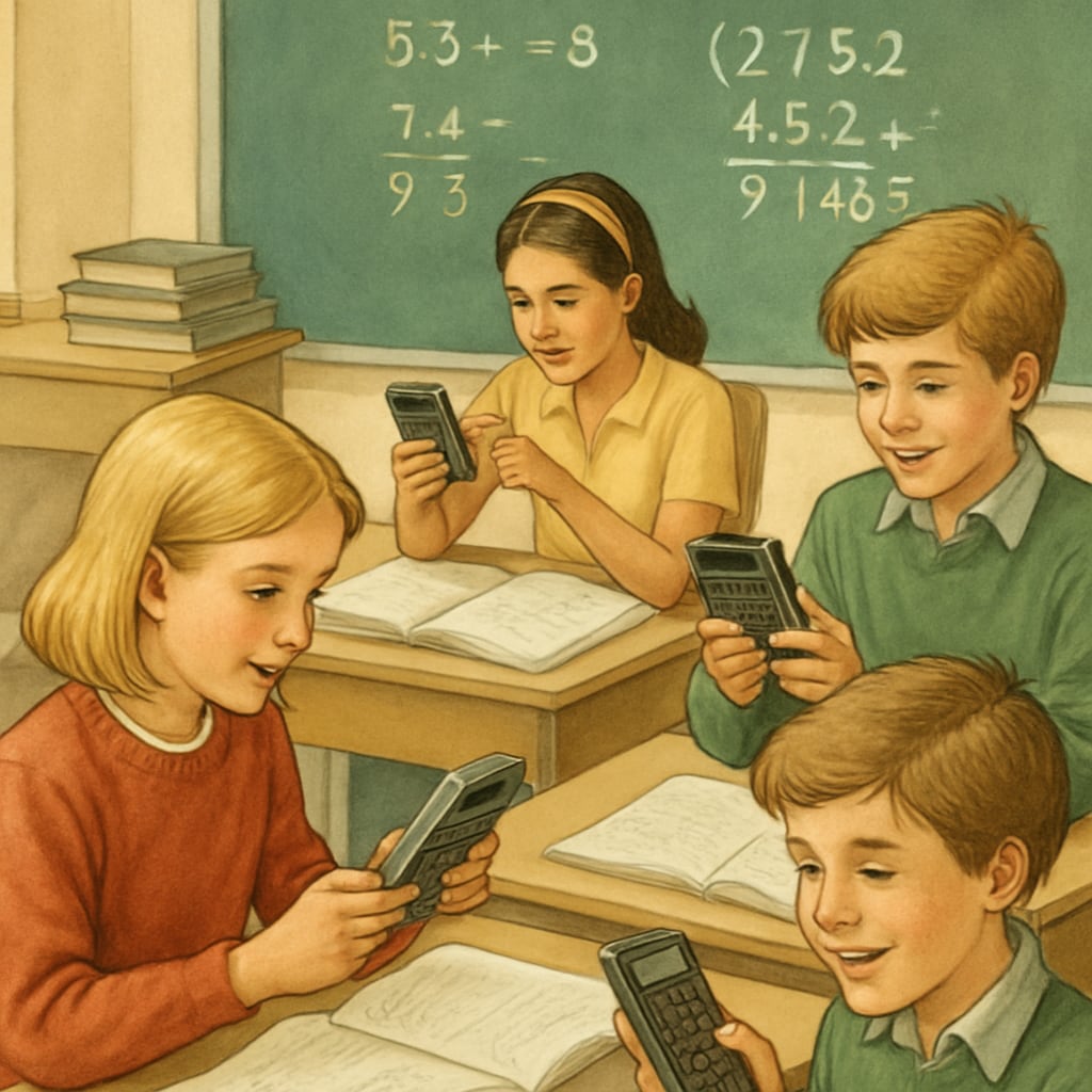 A classroom setting where students are actively using RPN calculators, showcasing their engagement and problem-solving. Students in a classroom using RPN calculators to solve math problems.