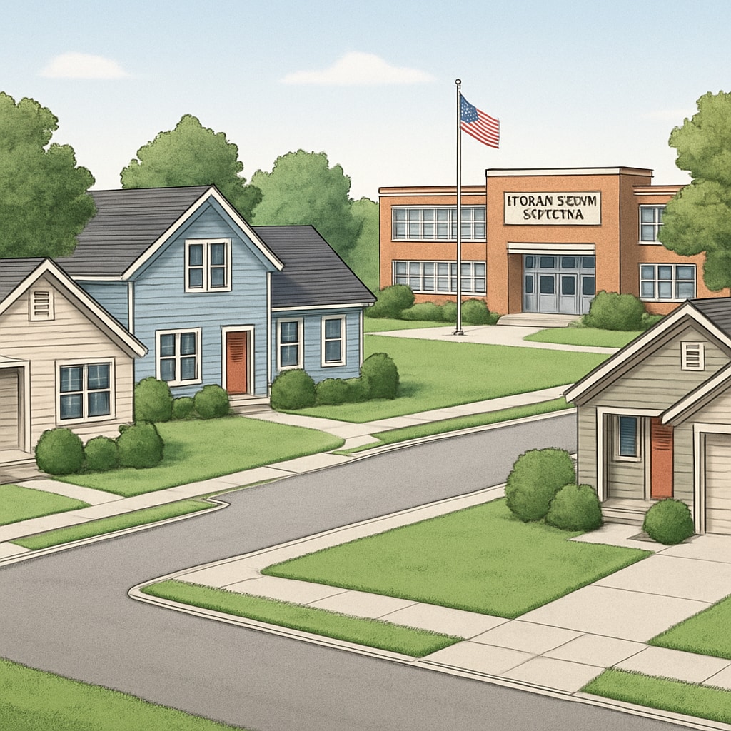 A suburban neighborhood with well-maintained homes and a local elementary school nearby, symbolizing the connection between real estate and school district quality. Suburban homes near a school highlighting the impact of school district rankings on real estate.