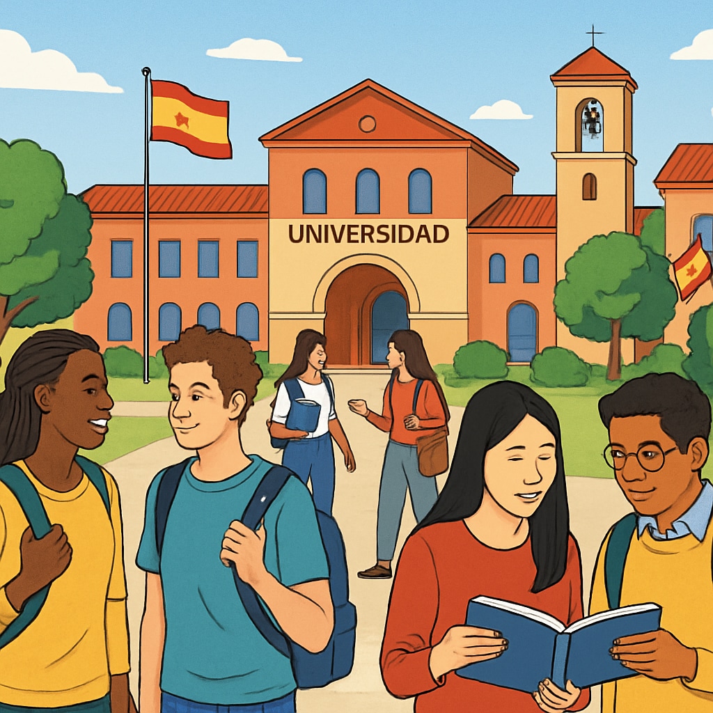 A bustling university campus in Spain with international students interacting. International students interacting on a university campus in Spain, reflecting cultural integration and academic collaboration.