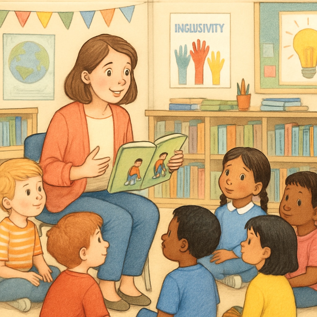 A classroom of first graders engaging with a teacher during a storytelling session about inclusivity. First-grade students listening to a teacher discuss inclusivity, representing age-appropriate education.