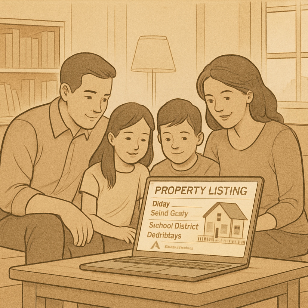 A family viewing a property listing online, with school district rankings highlighted as part of the search criteria. Family researching school district rankings while exploring real estate options.