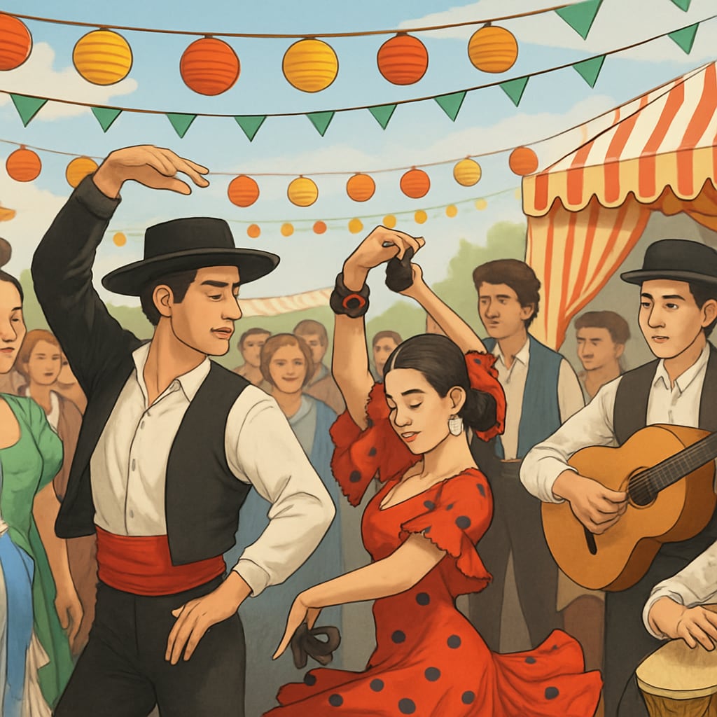 A traditional Spanish festival with diverse participants enjoying cultural performances. A vibrant Spanish festival showcasing cultural performances and community interaction.