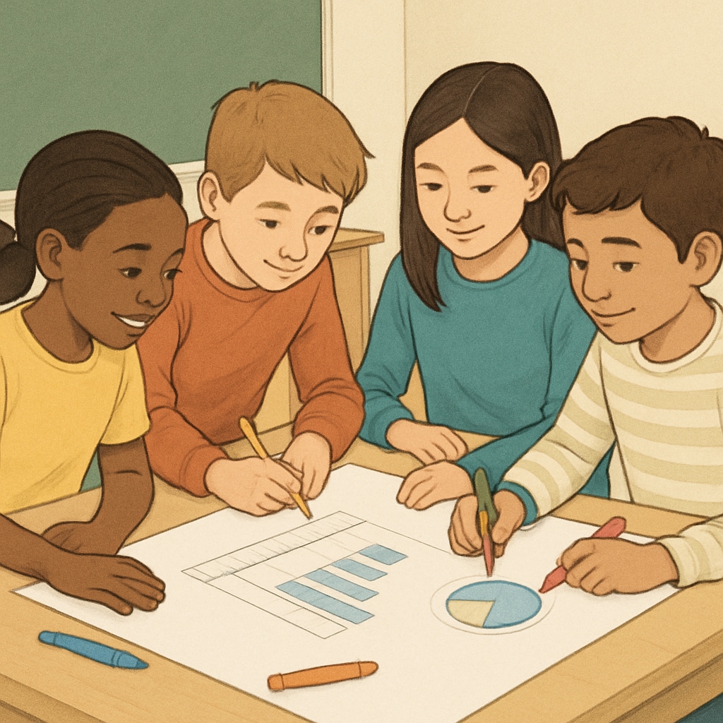 A group of diverse children working together on a classroom project symbolizing unity and cooperation. Diverse children collaborating on a project, illustrating teamwork and inclusion in education.
