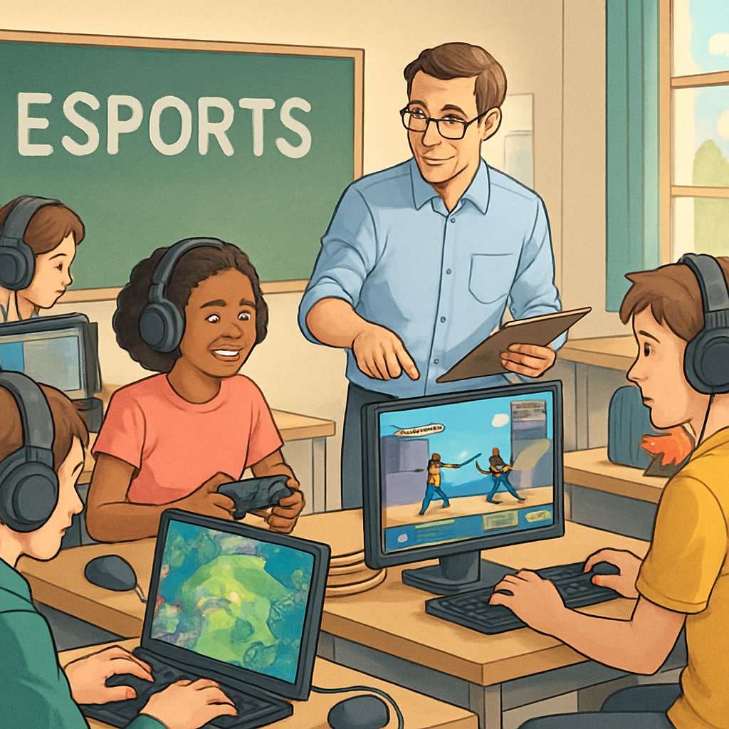 A vibrant esports classroom setting with students actively engaged in learning through video games. Students in a gamified esports classroom learning through video games, showcasing GameClass and NASEF's educational impact.