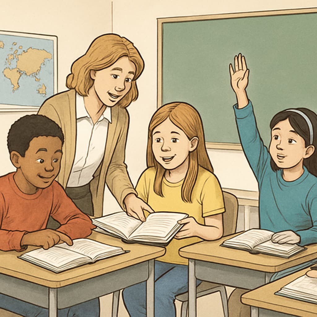 A classroom setting showing students engaged in a group reading activity with a teacher guiding them. This image highlights the collaborative aspect of ELA instruction. Fifth-grade students engaged in a group reading activity with their teacher.