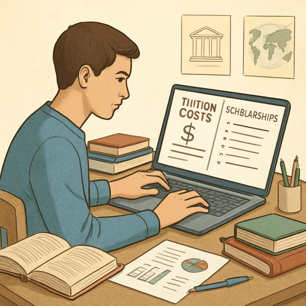 A student reviewing tuition costs and scholarship options on a laptop, representing the practical aspect of budgeting and researching universities. Student reviewing tuition costs and scholarships for universities that accept AS-level qualifications.