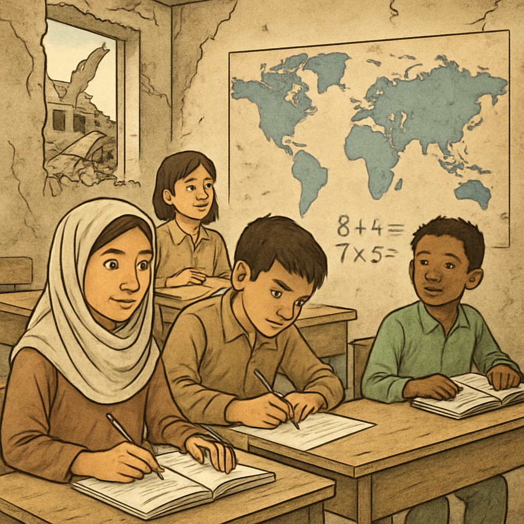 A group of children in a classroom setting in a war-affected region, symbolizing global education challenges. Children in a war-affected region attending a classroom supported by humanitarian efforts.