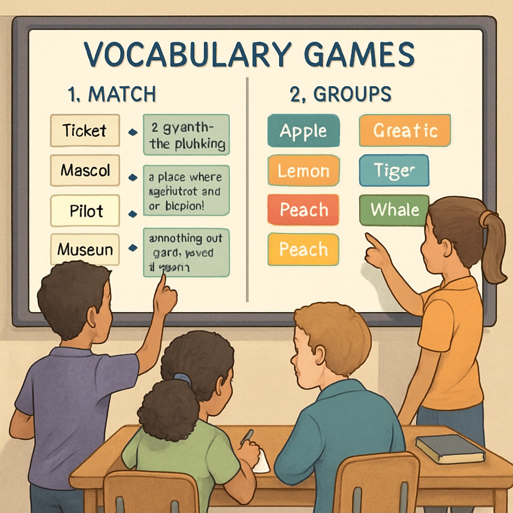 An interactive whiteboard displaying vocabulary games being played by students in groups. This image emphasizes the integration of technology in vocabulary learning. Students playing vocabulary games on an interactive whiteboard in a fifth-grade classroom.