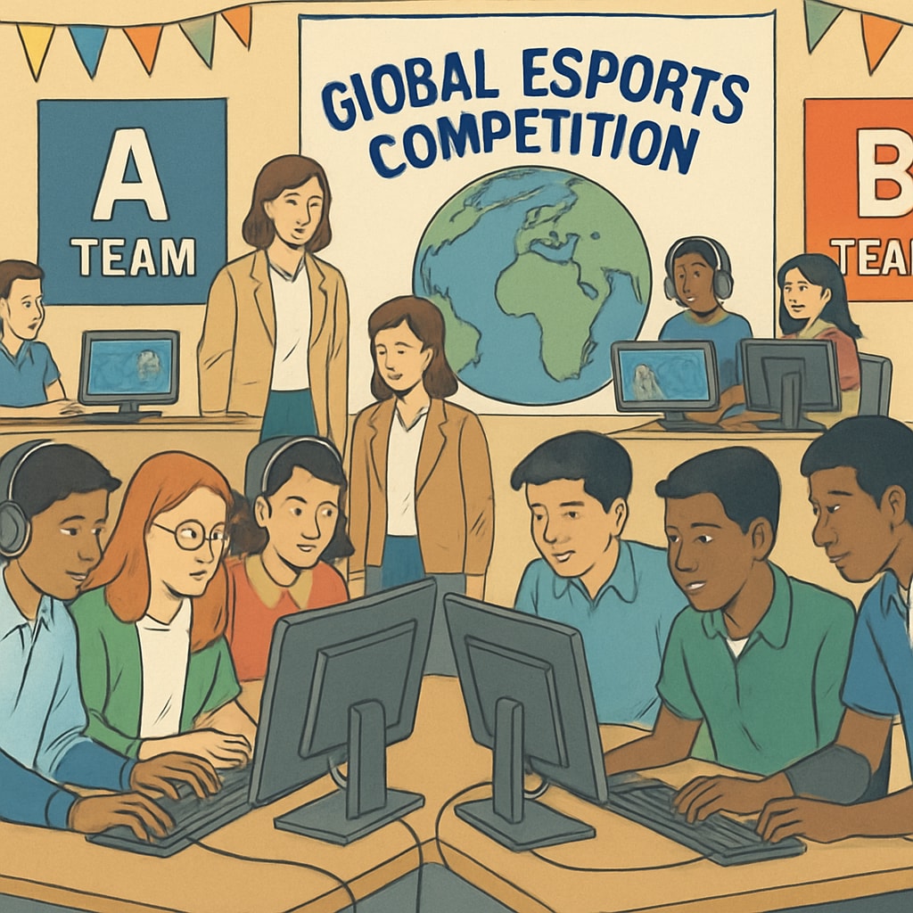 A global esports competition featuring students collaborating in teams, showcasing educational and teamwork benefits. Students participating in an esports competition, emphasizing teamwork and educational values in a global setting.