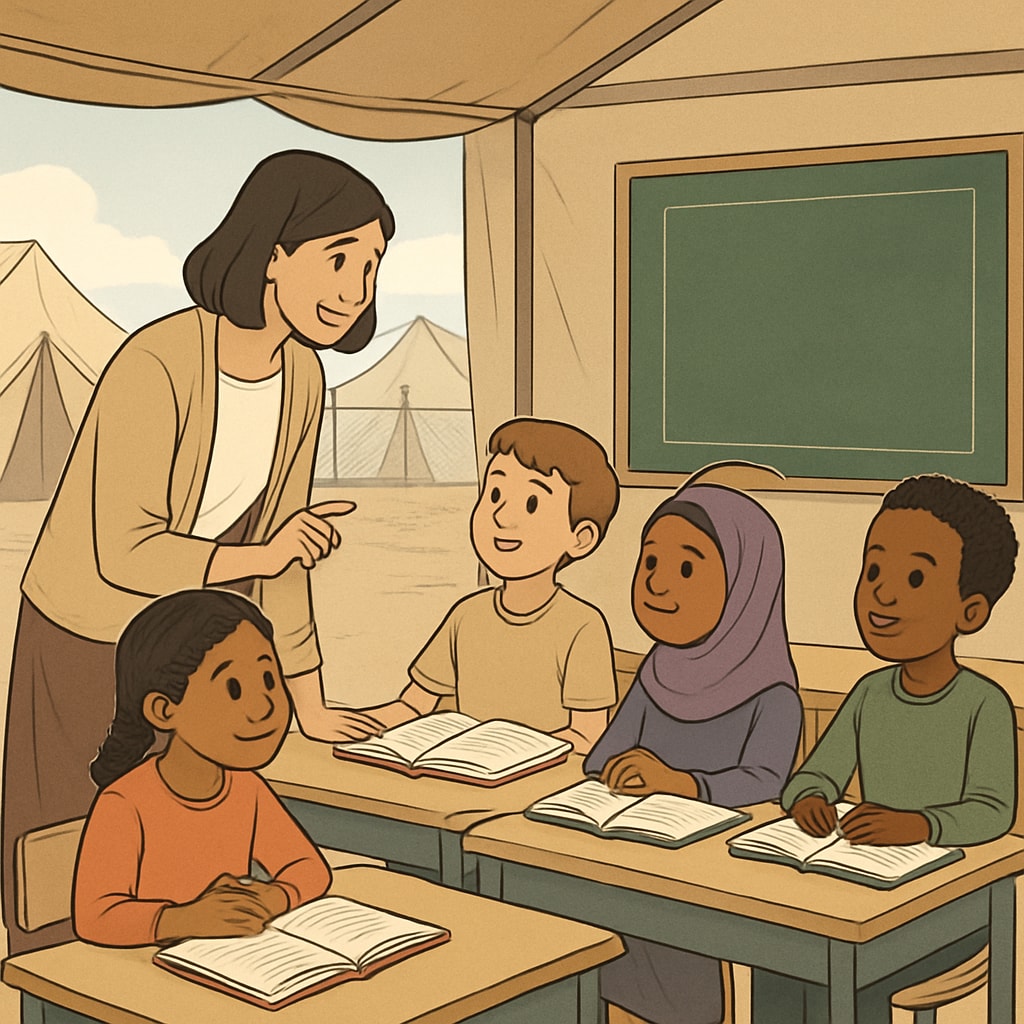 A teacher engaging with children in a makeshift classroom in a refugee camp, representing the universal need for educational support. A humanitarian teacher guiding refugee children in an improvised classroom.