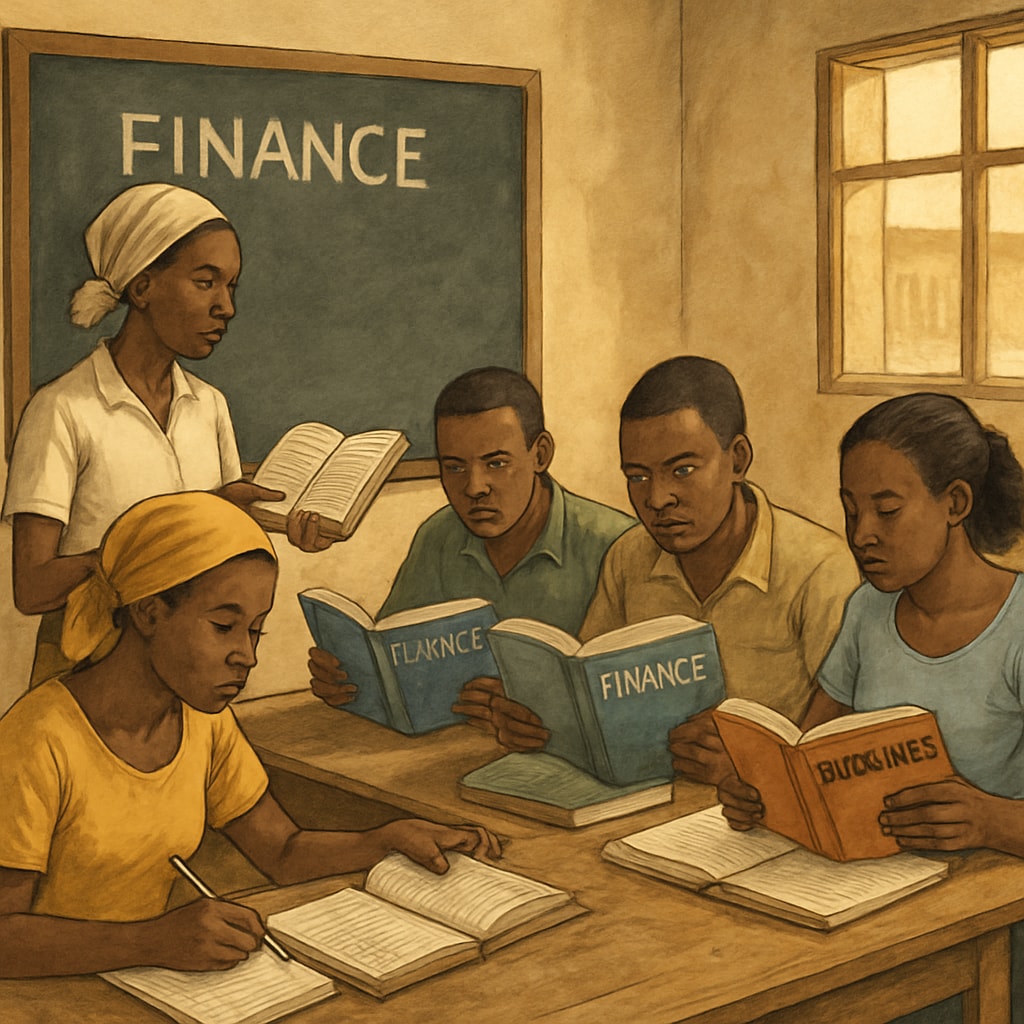 Finance students in Mali studying in a classroom with minimal resources.