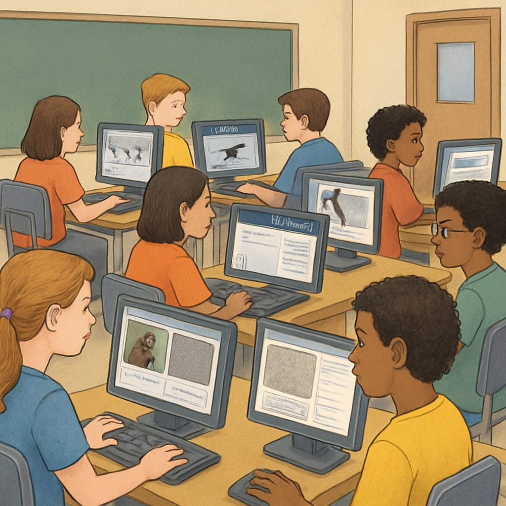 A classroom of K12 students using computers to classify images on the Zooniverse platform, showcasing hands-on engagement with citizen science projects. K12 students participating in Zooniverse citizen science projects in a classroom setting.