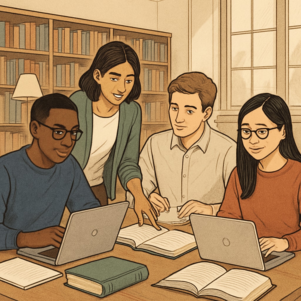 A diverse group of students collaborating on a project in a university library, illustrating teamwork and inclusivity. Teamwork and inclusivity in higher education institutions