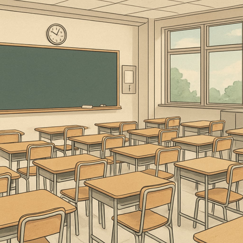 A classroom with empty desks and chairs, symbolizing teachers' absence as a form of protest. Empty classroom desks representing