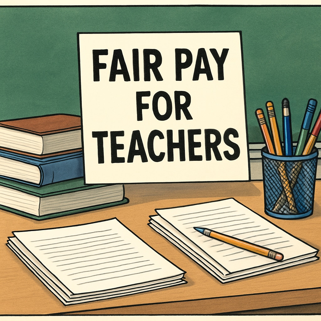 A teacher's desk with a protest sign saying Desk with a protest sign emphasizing teachers' rights during