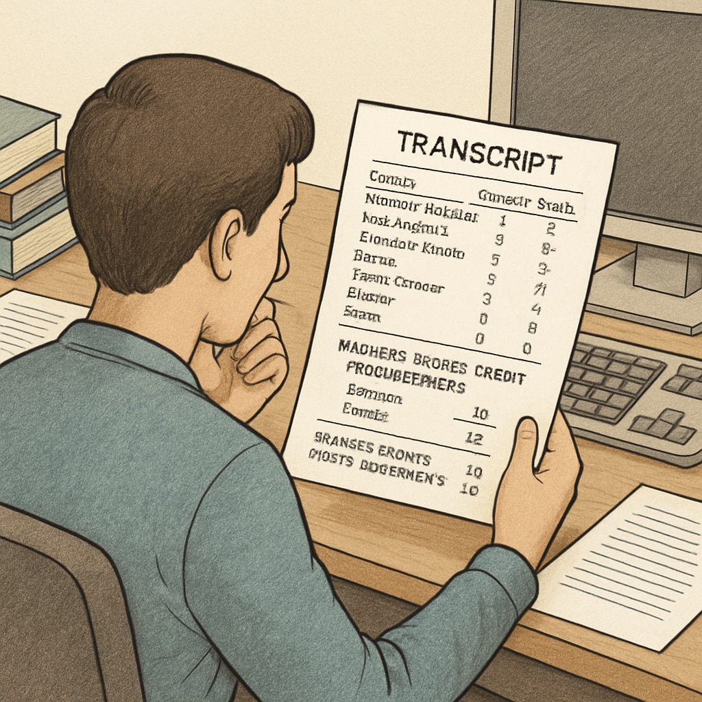 A student reviewing their academic transcript, focusing on credit requirements for their master’s degree. Student analyzing credit requirements for a master’s degree in the UK education system.