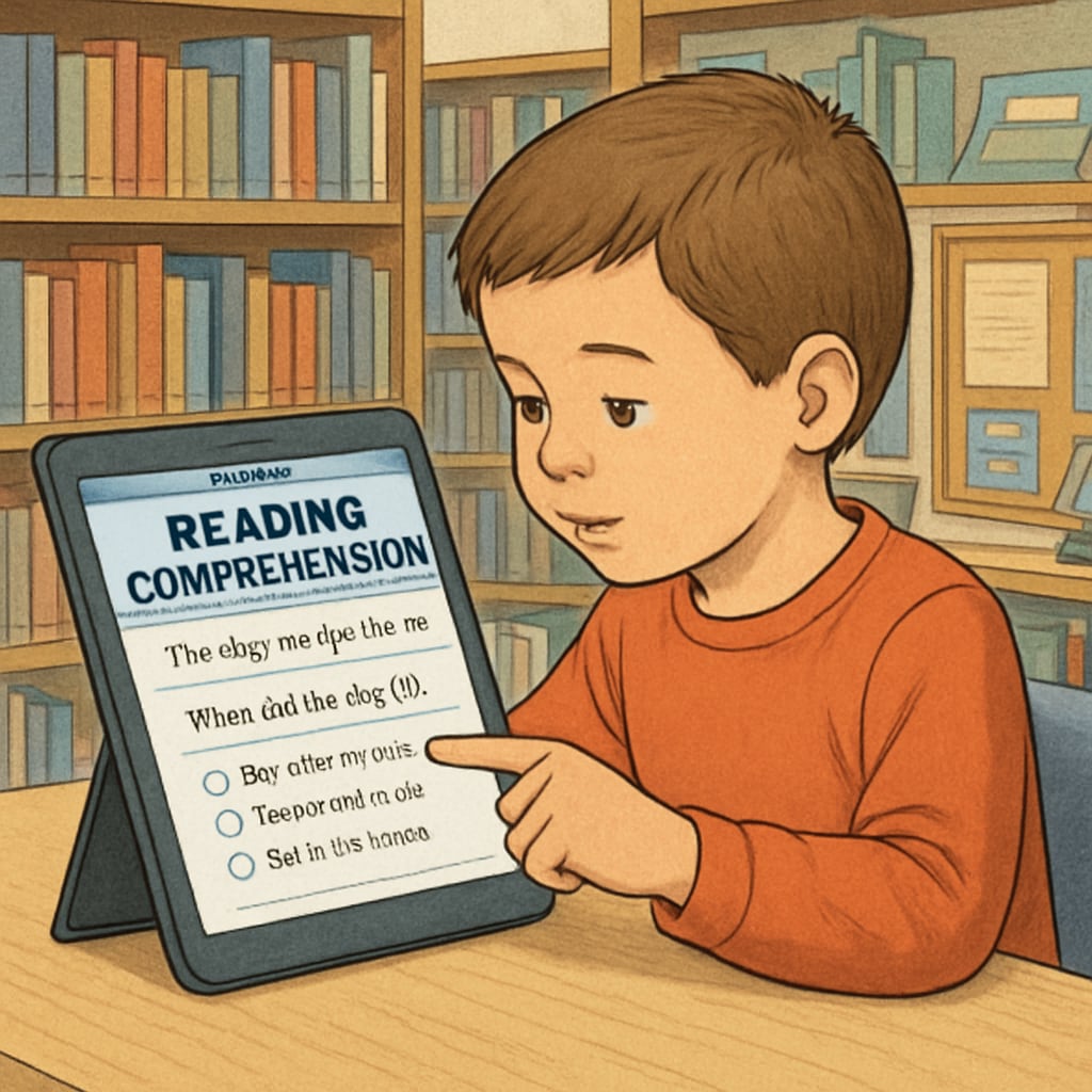 A child using a free online reading comprehension tool on a tablet in a library setting. A child engaged with a reading comprehension tool in a library, fostering literacy skills.