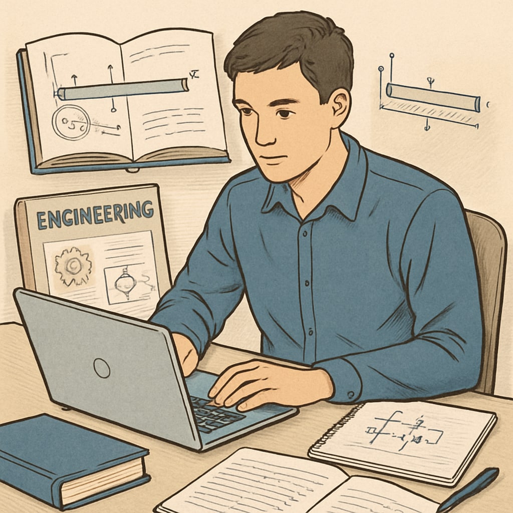A university student studying engineering concepts on a laptop while surrounded by educational materials. A student combining education and engineering studies at a university.