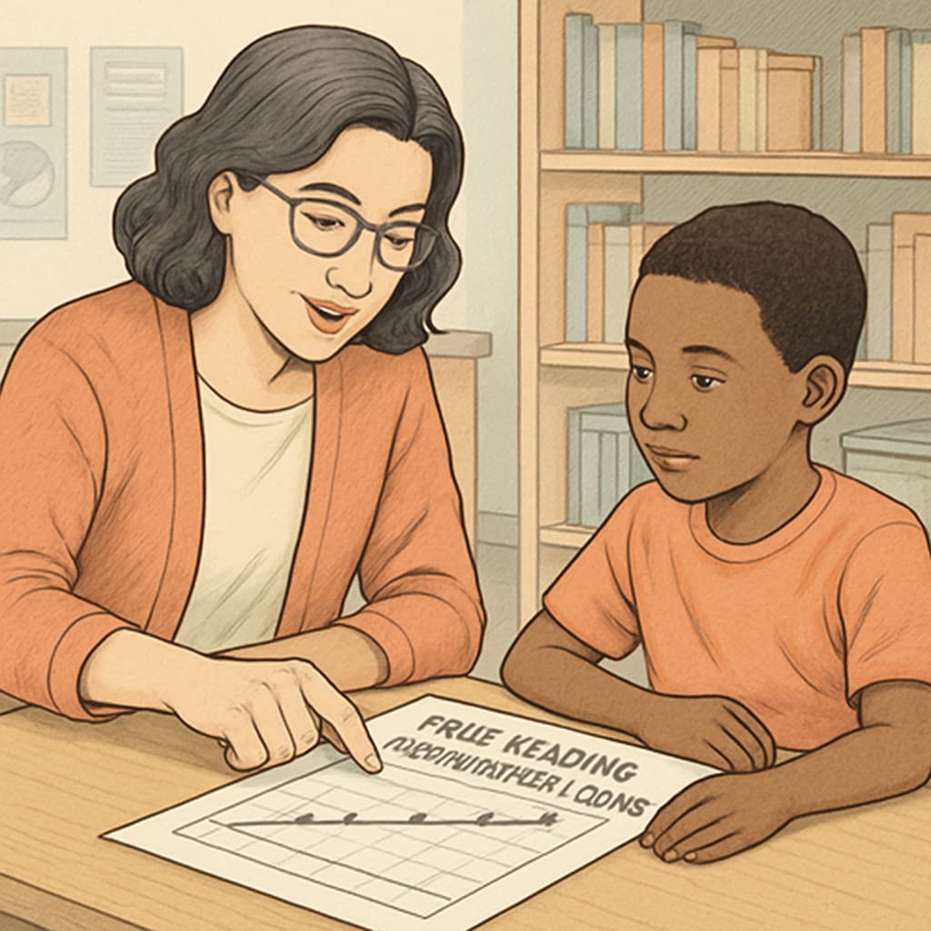 A teacher and student reviewing a progress chart based on free reading comprehension tools. A teacher and student analyzing reading progress using free online tools.