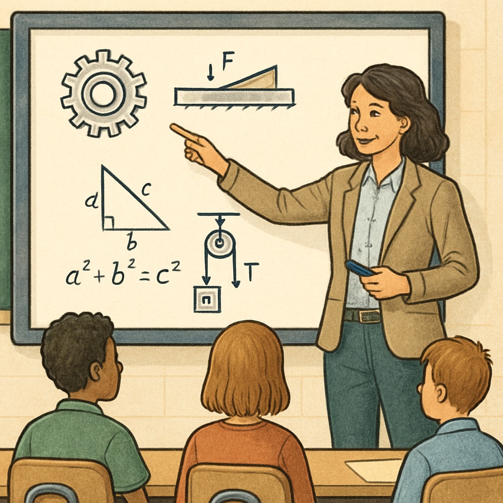 A teacher using an interactive smartboard designed with engineering principles in a classroom setting. An educator utilizing engineering-based tools in the classroom.