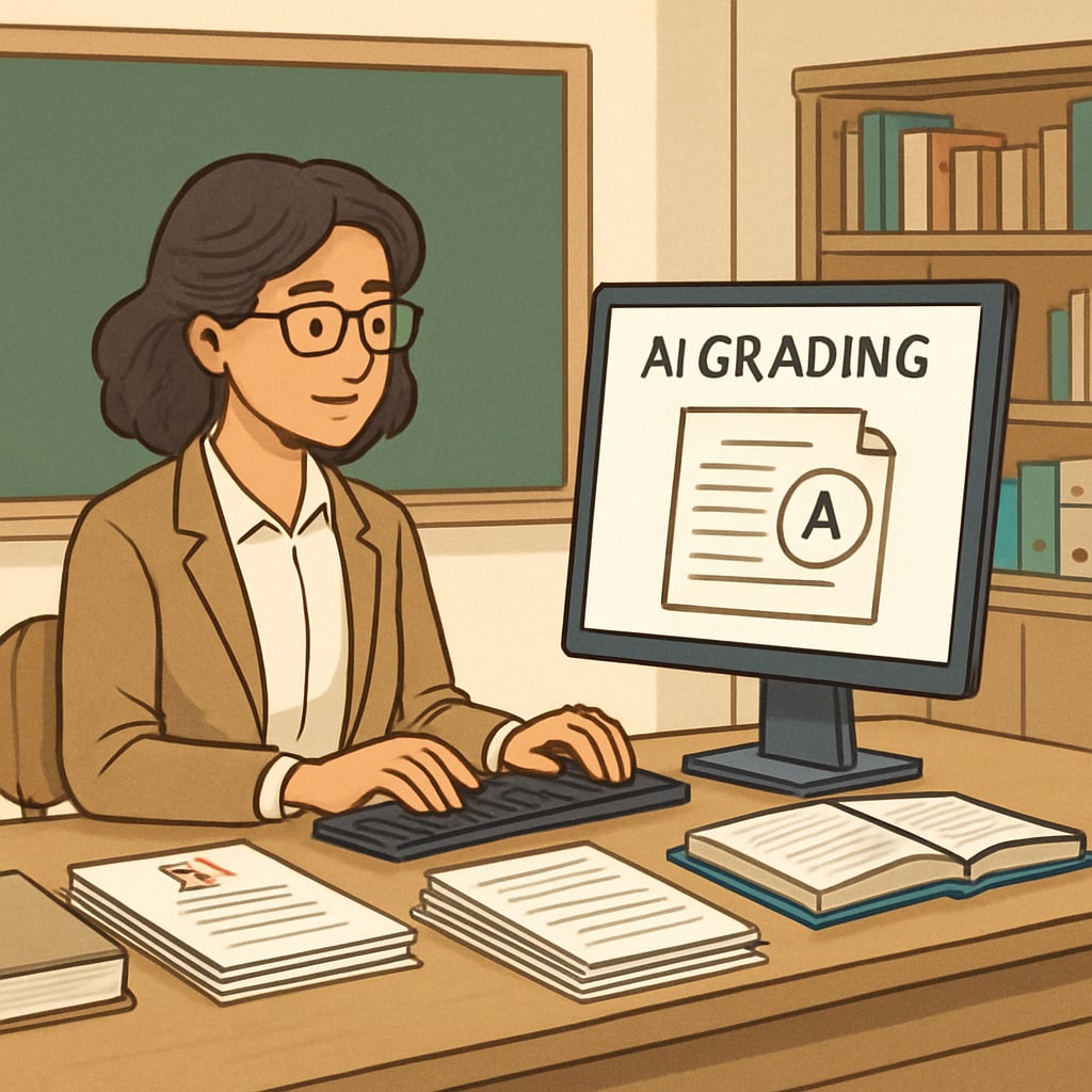 A teacher using an AI-powered grading system on a computer in a classroom setting. The scene emphasizes the integration of technology in education to reduce workload. AI-powered grading system assisting a teacher in managing administrative tasks, improving education efficiency.